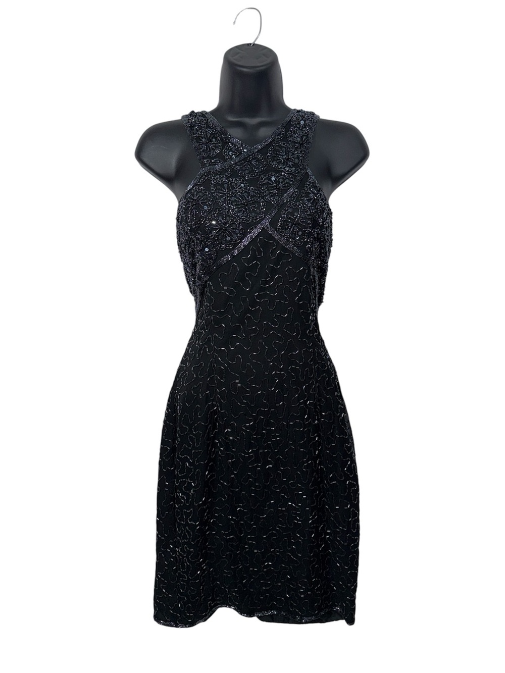 Vtg 90s Silk Party Dress Glass Beaded Old Hollywood Little Black Mini Cocktail